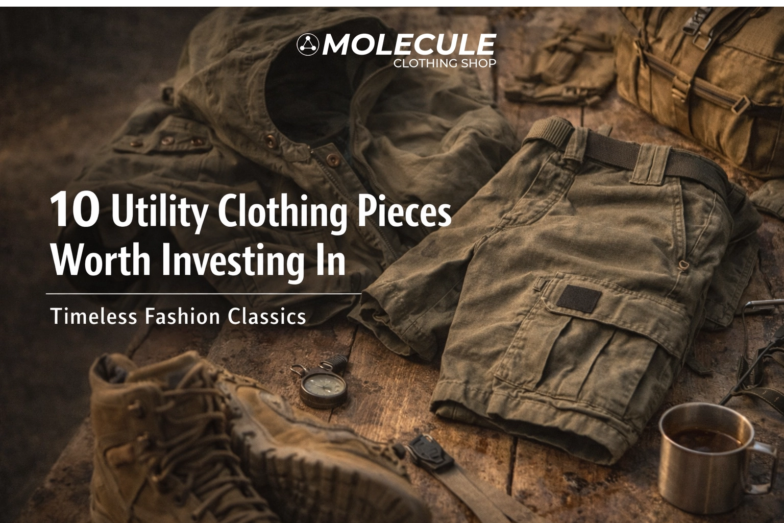 Utility clothing essentials in olive and khaki tones laid out on rustic surface