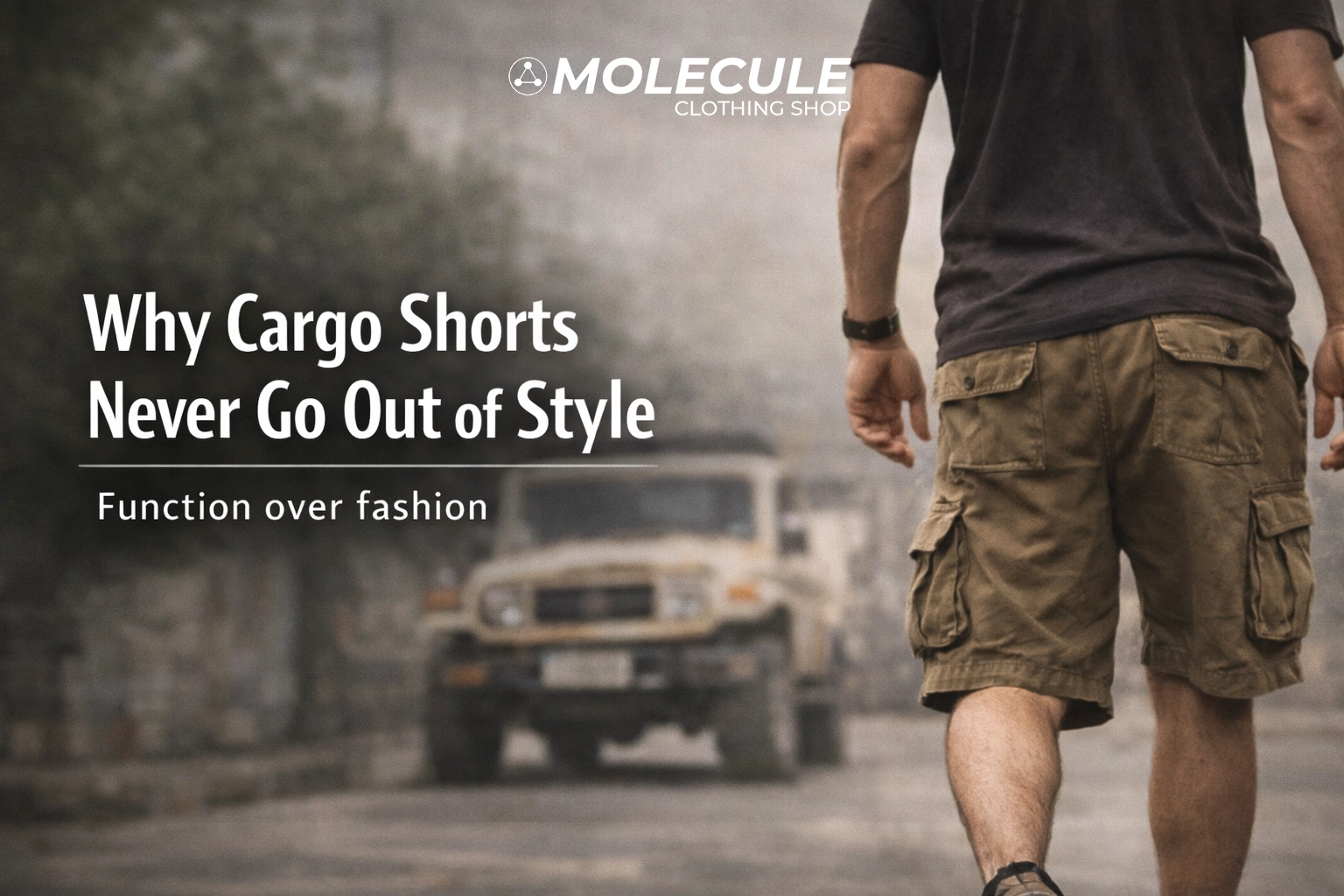 Khaki cargo shorts worn in urban outdoor setting